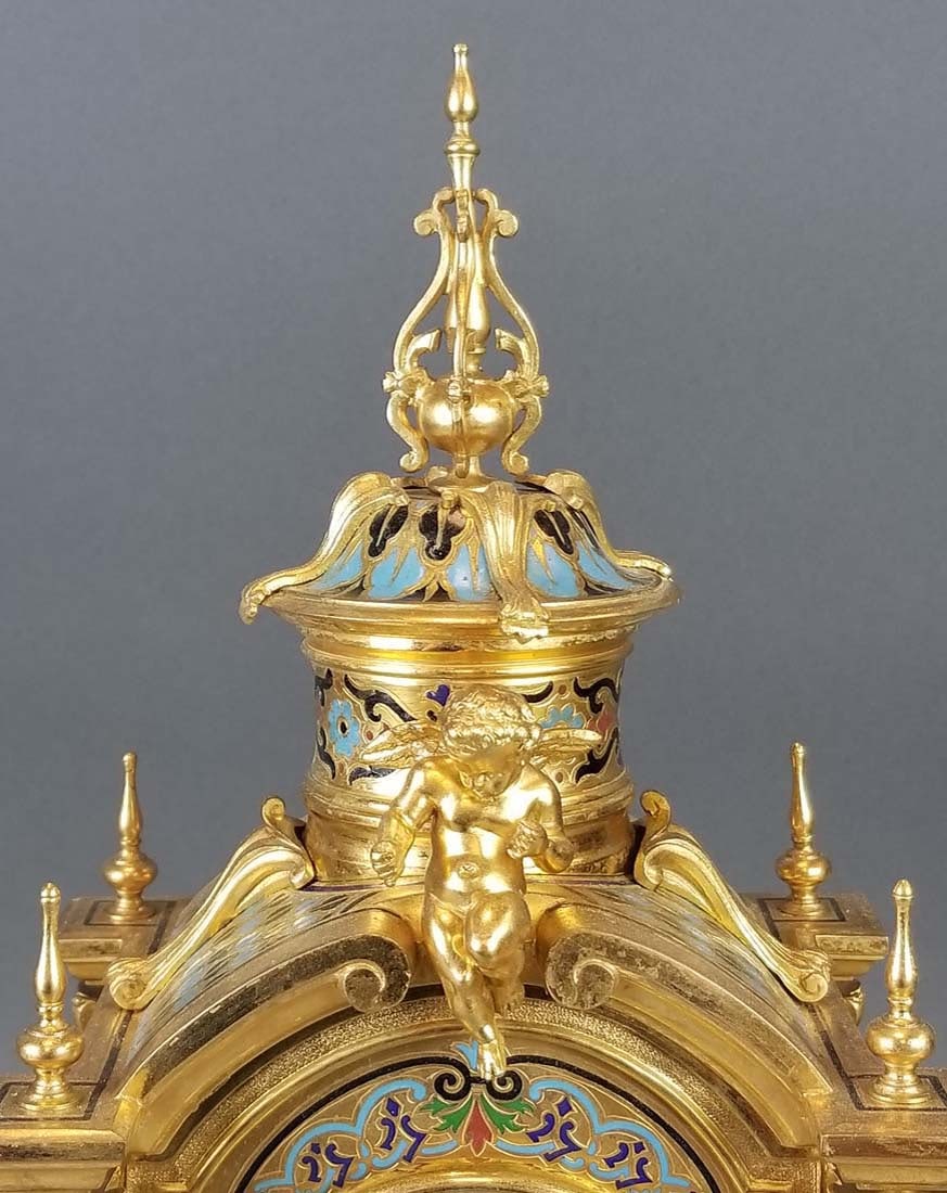 19th C. French Champleve Enamel Figural Clockset - 5