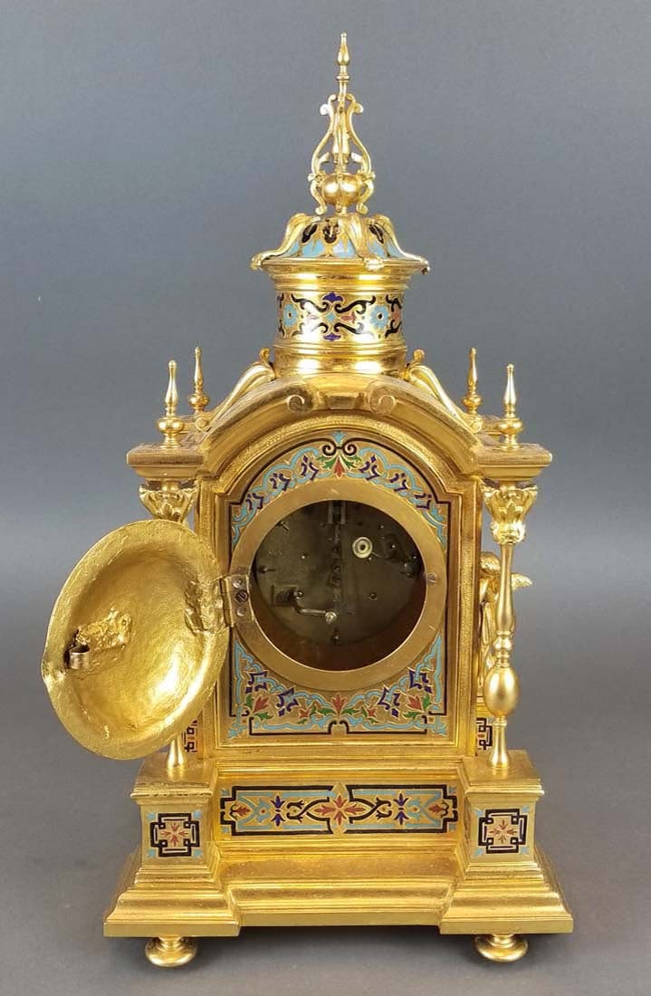 19th C. French Champleve Enamel Figural Clockset - 6