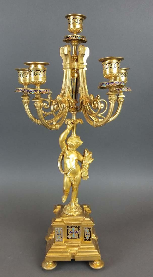 19th C. French Champleve Enamel Figural Clockset - 7