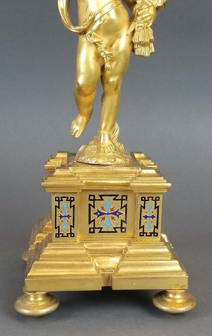 19th C. French Champleve Enamel Figural Clockset - 8