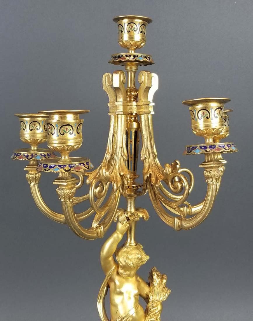 19th C. French Champleve Enamel Figural Clockset - 9