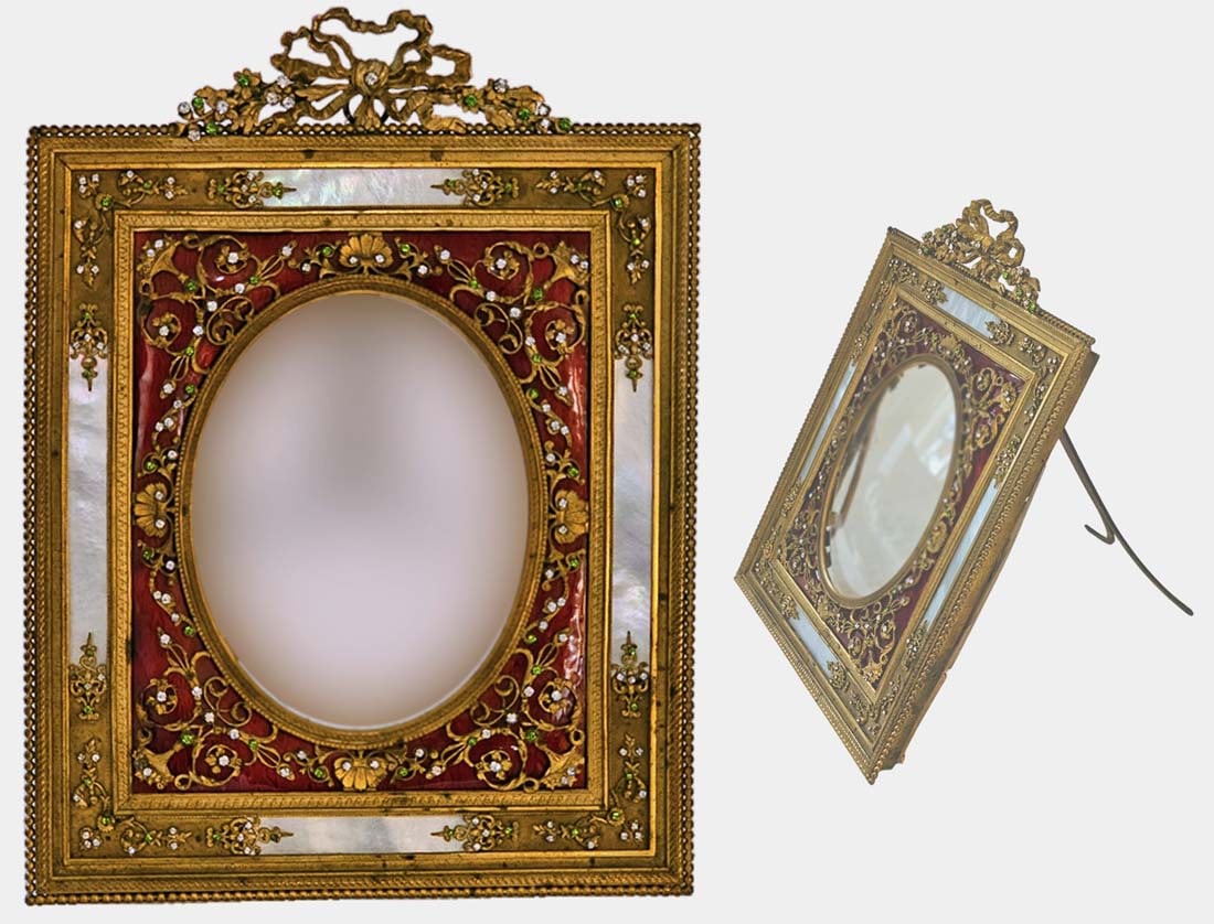19th C. French Enamel Gilt Bronze Photo Frame: 19th C. French Enamel Gilt Bronze Photo Frame. Standing: H 9 1/2" \ W 8" x L 10 1/2"