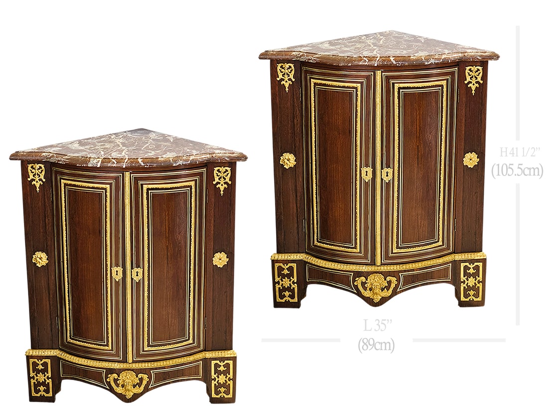 Pair Of Early 19th Century French Bronze Mounted Corner Cabinets: Pair Of Early 19th Century French Bronze Mounted Corner Cabinets. H 41 1/2" x W 21 1/2" x L 35"