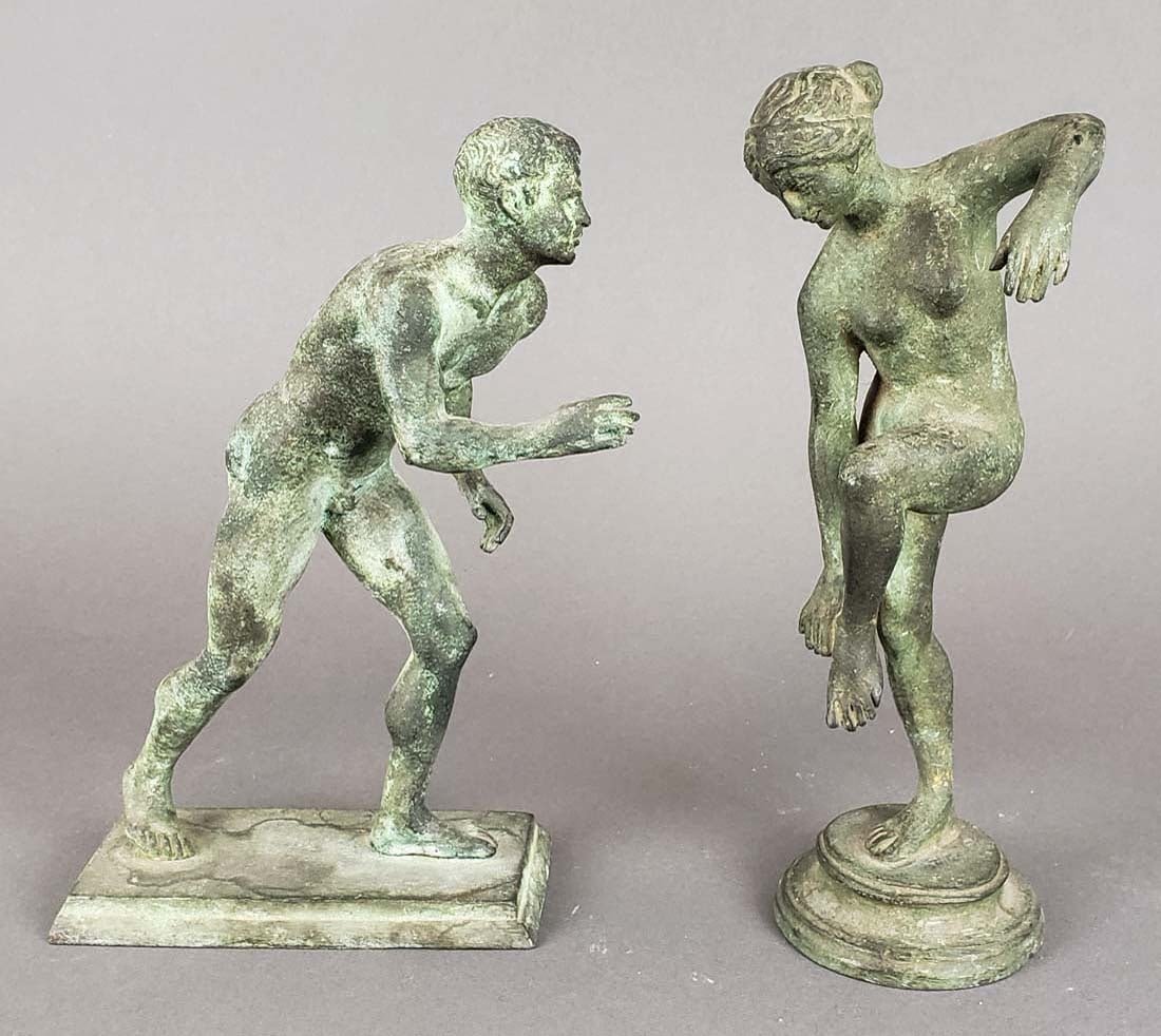 Pair of French Olympics Stone Figures: Pair of French Olympics Stone Figures . They measure H: 9 1/4" to H: 10"