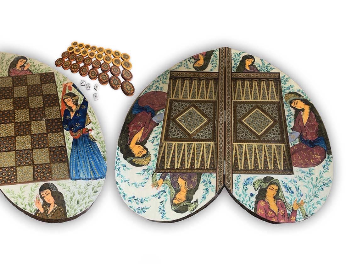 Large Isfahan Hand painted Heart Shaped Backgammon & Chess Set: Large Isfahan Hand painted Heart Shaped Backgammon & Chess Set
