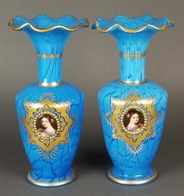 Pair of 19th C. Fine Baccarat Opaline Jewelled Vases