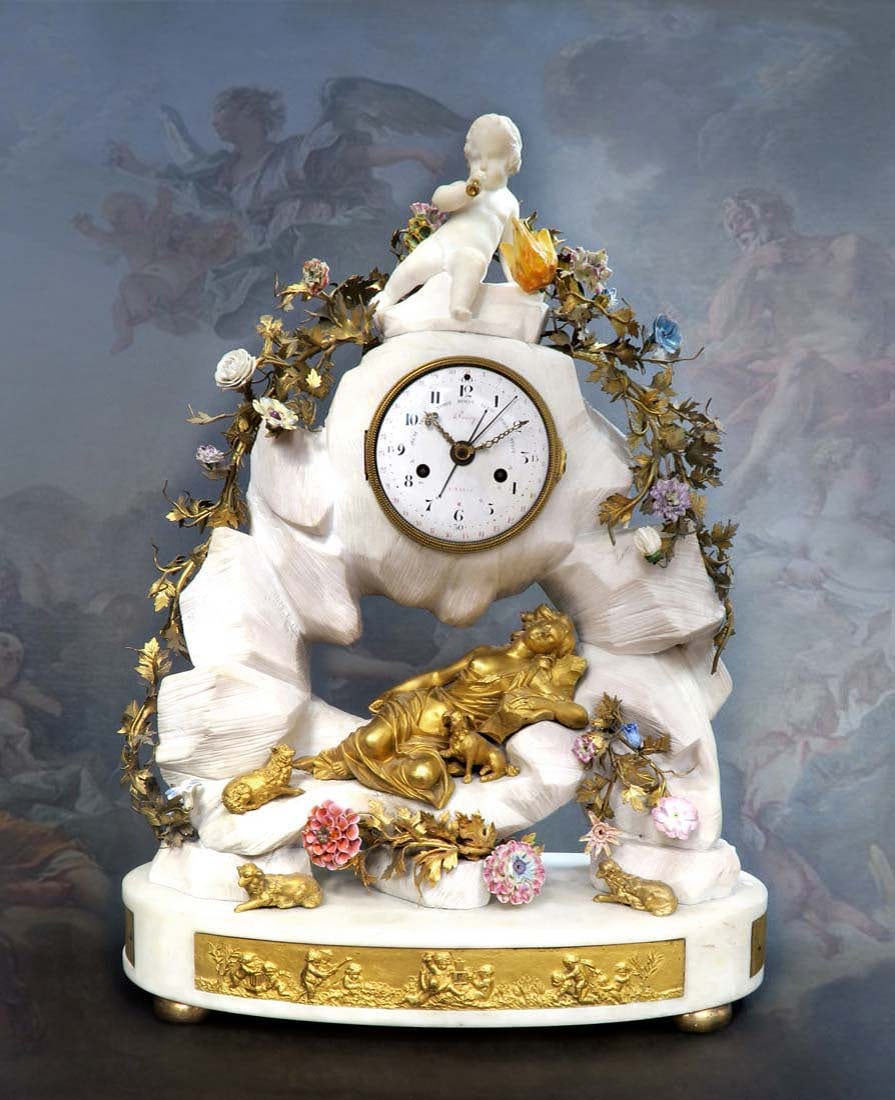 Large 19th C Marble Figural Enamel Gilt Bronze Mantel: Large 19th C Marble Figural Enamel Gilt Bronze Mantel Clock. Measures H: 24 1/2" W: 18" D: 7 1/2"