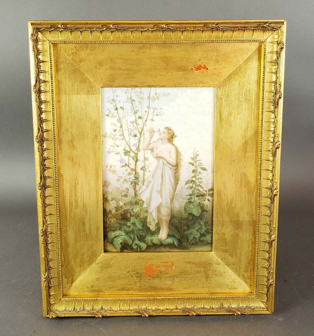 19th C. Framed KPM Porcelain Plaque of Woman in Garden: 19th C. Framed KPM Porcelain Plaque of Woman in Garden. The frame measures 15 1/4" x 12" and the plaque measures 9" x 5 3/4"