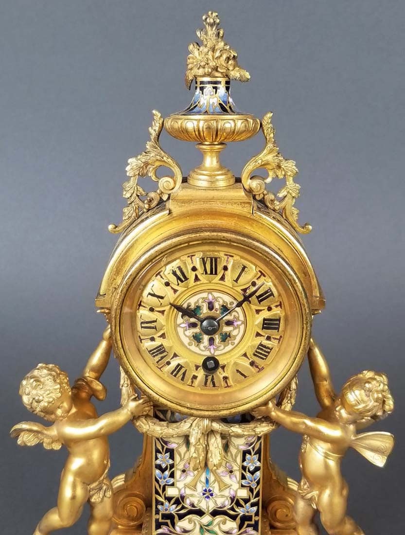 Exceptional French Champleve Enamel Figural Clockset - 3