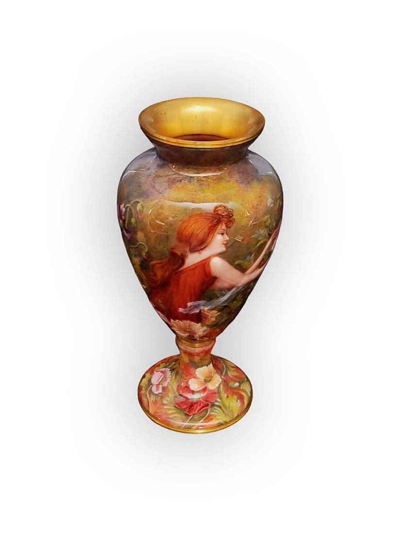 1880's Hand Painted French Nouveau Enamel Vase: French Nouveau Enamel Vase. Fine hand painting of young lady in garden. H 7"