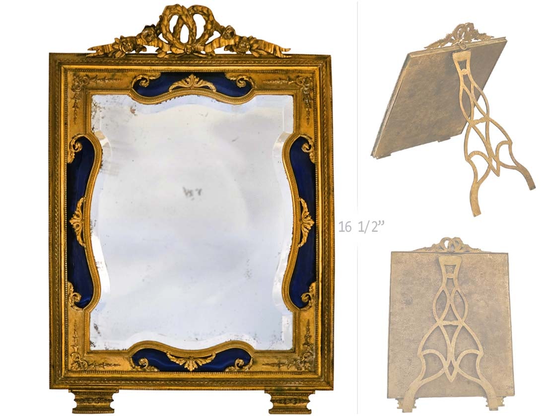 19th C. French Ormolu With Blue Guilloche Enamel Mirror: 19th C. French Ormolu With Blue Guilloche Enamel Mirror. Standing H 16" \ W 12" x L 16 1/2"