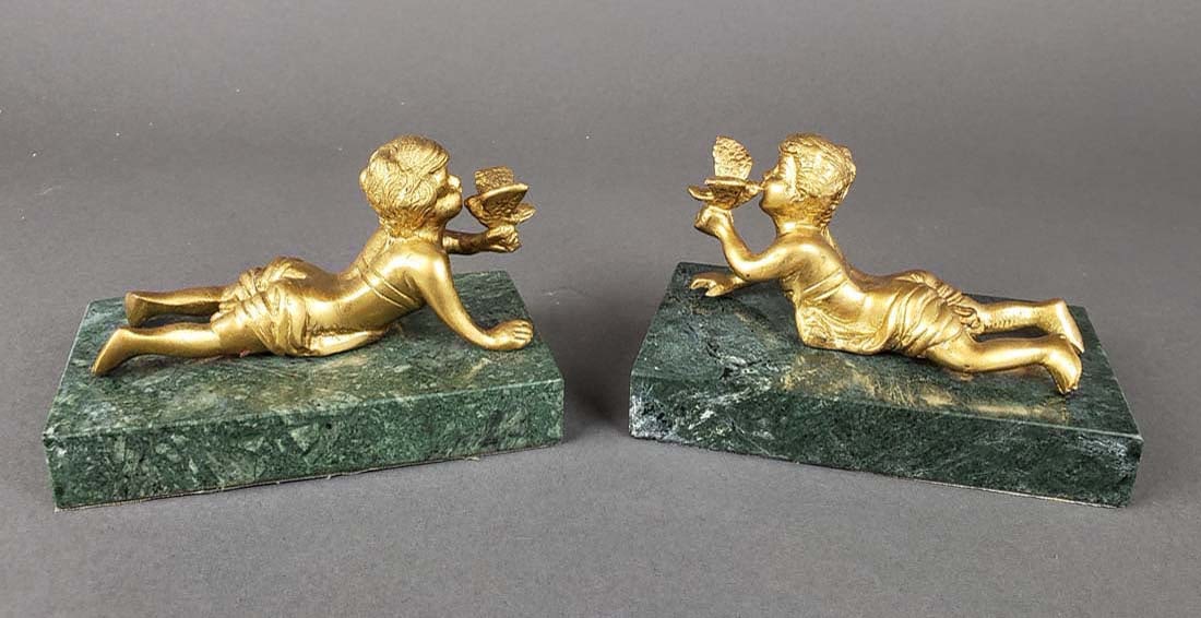 Pair of Gilt Bronze Figures on Marble Base: Pair of Gilt Bronze Figures on Marble Base. They measures H: 3 1/4" W: 5"