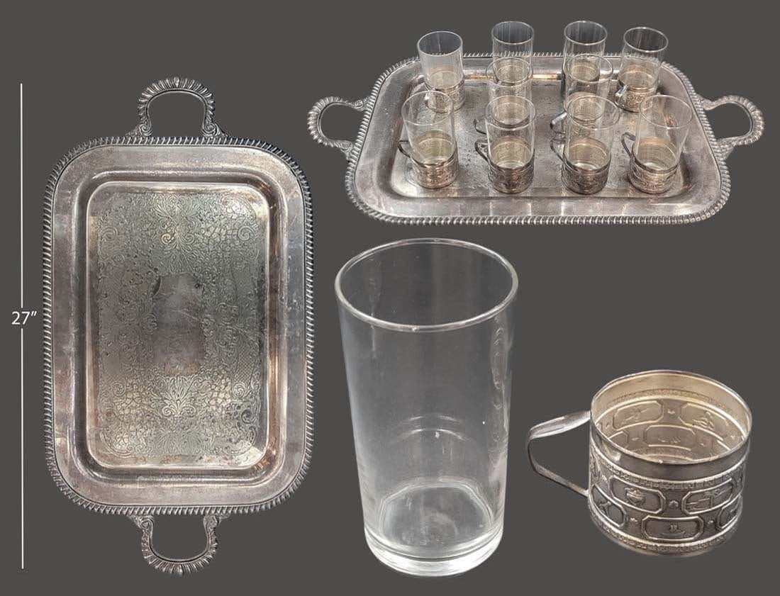 Large 20th C Silver Plated Tea Set, Made In Israel: Large 20th C Silver Plated Tea Set, Made In Israel. Tray: L 27" x W 15" \ Cups: H 5" x W 3 1/2"