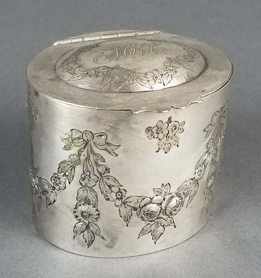 German Silver Till Box: German Silver Till Box. Measures H: 3 3/4" W: 3". Weight is 161 grams