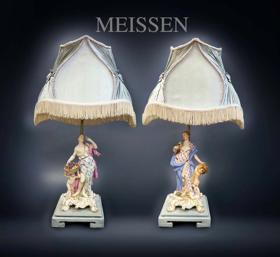 Pair Of 19th C. Meissen Figural Lamp: Pair Of 19th C. Meissen Figural Lamp. Total Size Shades: H 25" x 14" x 10 / Statues: H11" x 6" x 6"