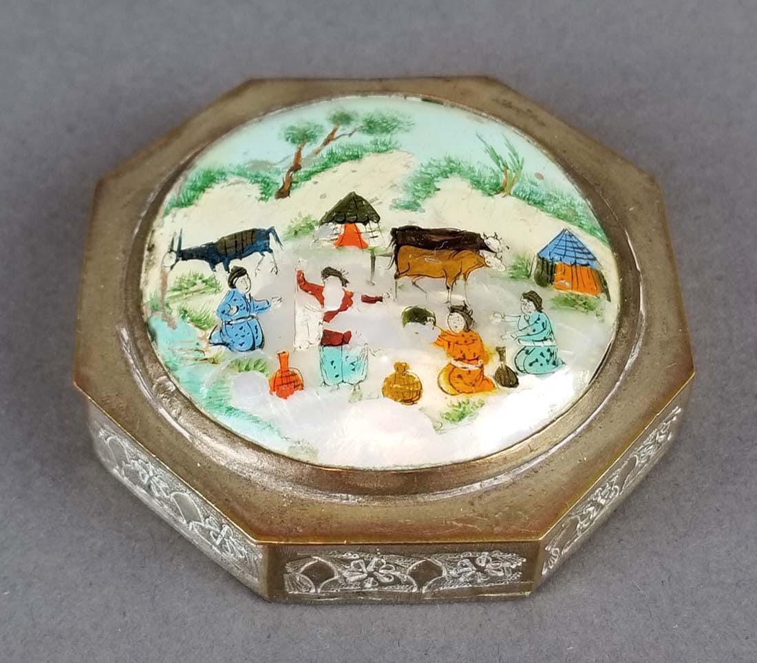 Persian Silver & Enamel Box: Persian Silver & Enamel Box. Measures H: 3/4" W: 2 1/4"