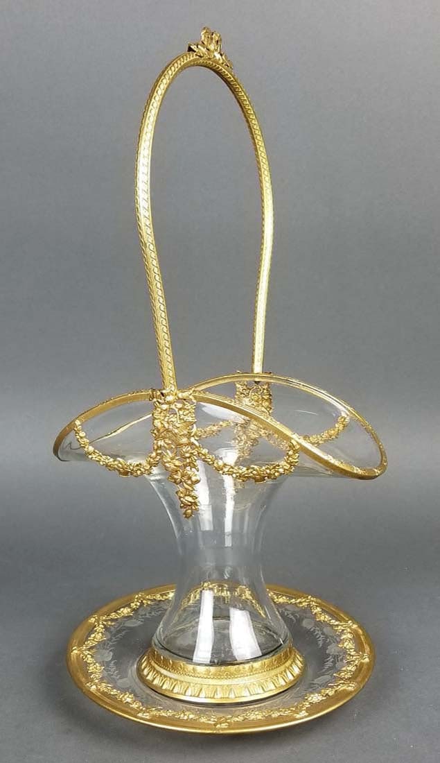 19th C. French and Baccarat Crystal Centerpiece Basket: 19th C. French and Baccarat Crystal Centerpiece Basket and Underplate. The basket measures H: 15 1/2" W: 8 1/4" and the dish measures 7 3/4" diameter