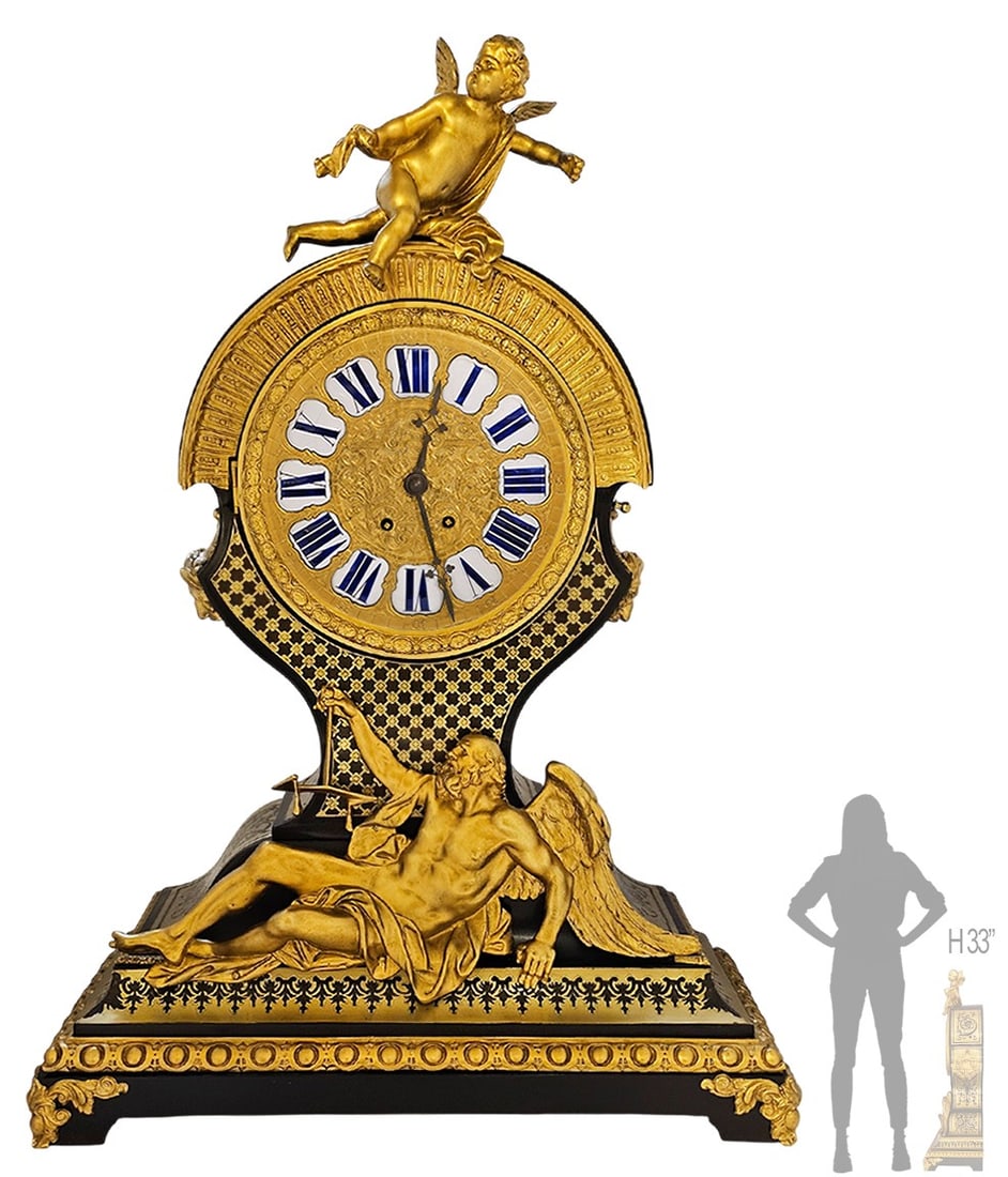 French Ormolu-Mounted Cut-Brass Inlaid Tortoiseshell Boulle Ebony Clock: French Ormolu-Mounted Cut-Brass Inlaid Tortoiseshell Boulle Ebony Clock. H 33" x W 9 1/4" x L 23"