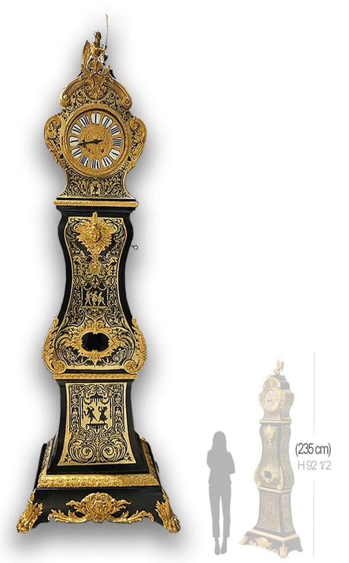 Large 19th C. Napoleon III Boulle Marquetry Inlaid Long Case Grandfather Clock: Large 19th C. Napoleon III Boulle Marquetry Inlaid Long Case Grandfather Clock. H 92 1/2" x W 15" x L 31"