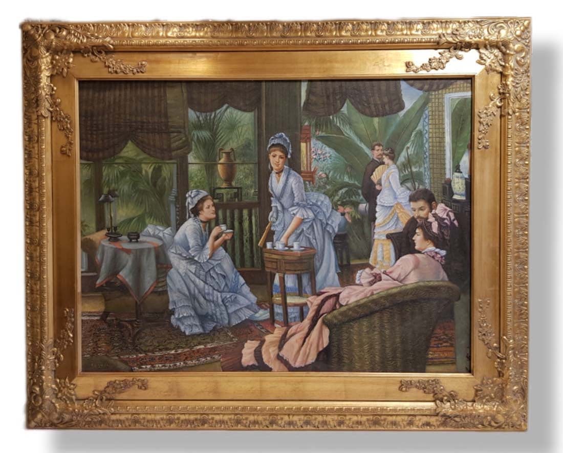 Oil On Canvas Painting An Elegant British Tea Party, Signed: After Joseph Tissot; French artist (1836-1902) Title: In the conservatory rivals. Oil On Canvas Painting. 62 3/8" x 49 1/4"