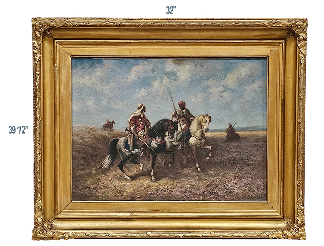 19th C. Arabian Battle Scene Oil On Canvas, Signed By Artist (Left Bottom Corner): 19th C. Arabian Battle Scene Oil On Canvas, Signed By Artist (Left Bottom Corner). Frame: 39 1/2" x 32" \ Painting: 29" x 21 1/2"