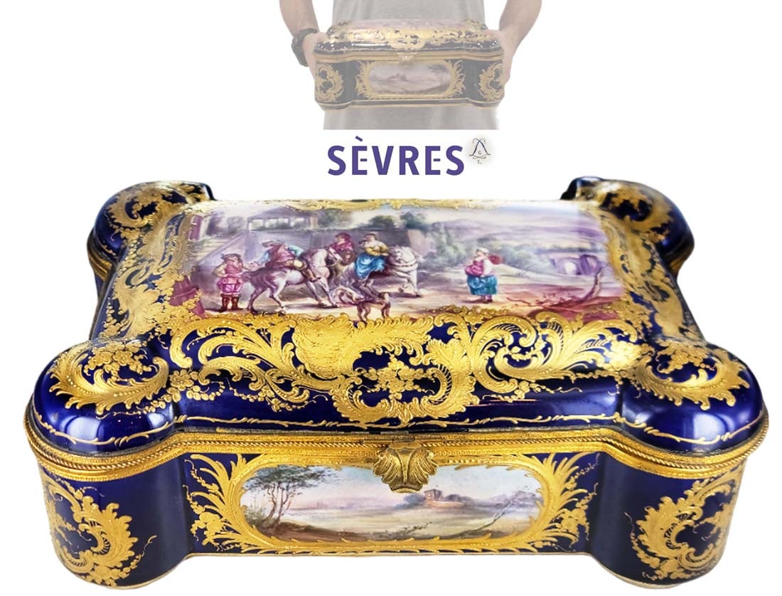 Large 19th C. Sevres French Porcelain Jewelry Box: Large 19th C. Sevres French Porcelain Jewelry Box. H 5 1/4" x L 12 1/4" x W 8"