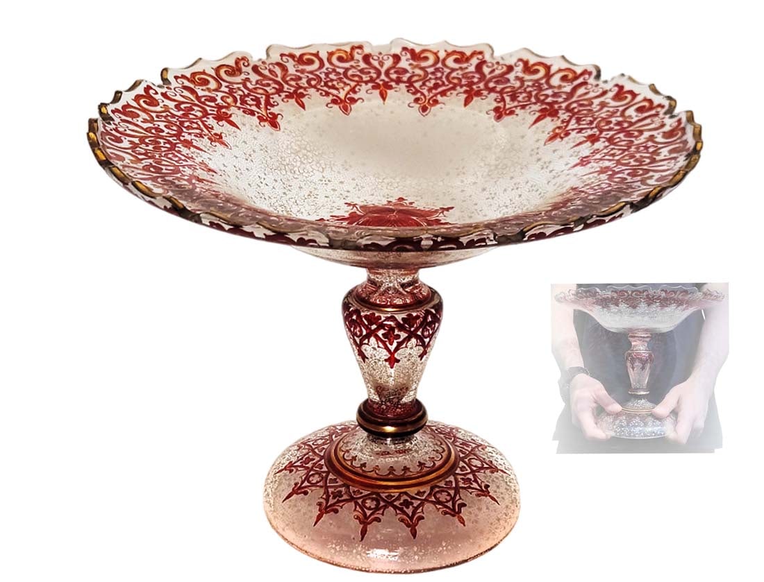 Large 19th C. Transparent Red Bohemian Crystal Centerpiece: Large 19th C. Transparent Red Bohemian Crystal Centerpiece. H 8 1/2 x W 11 1/2"