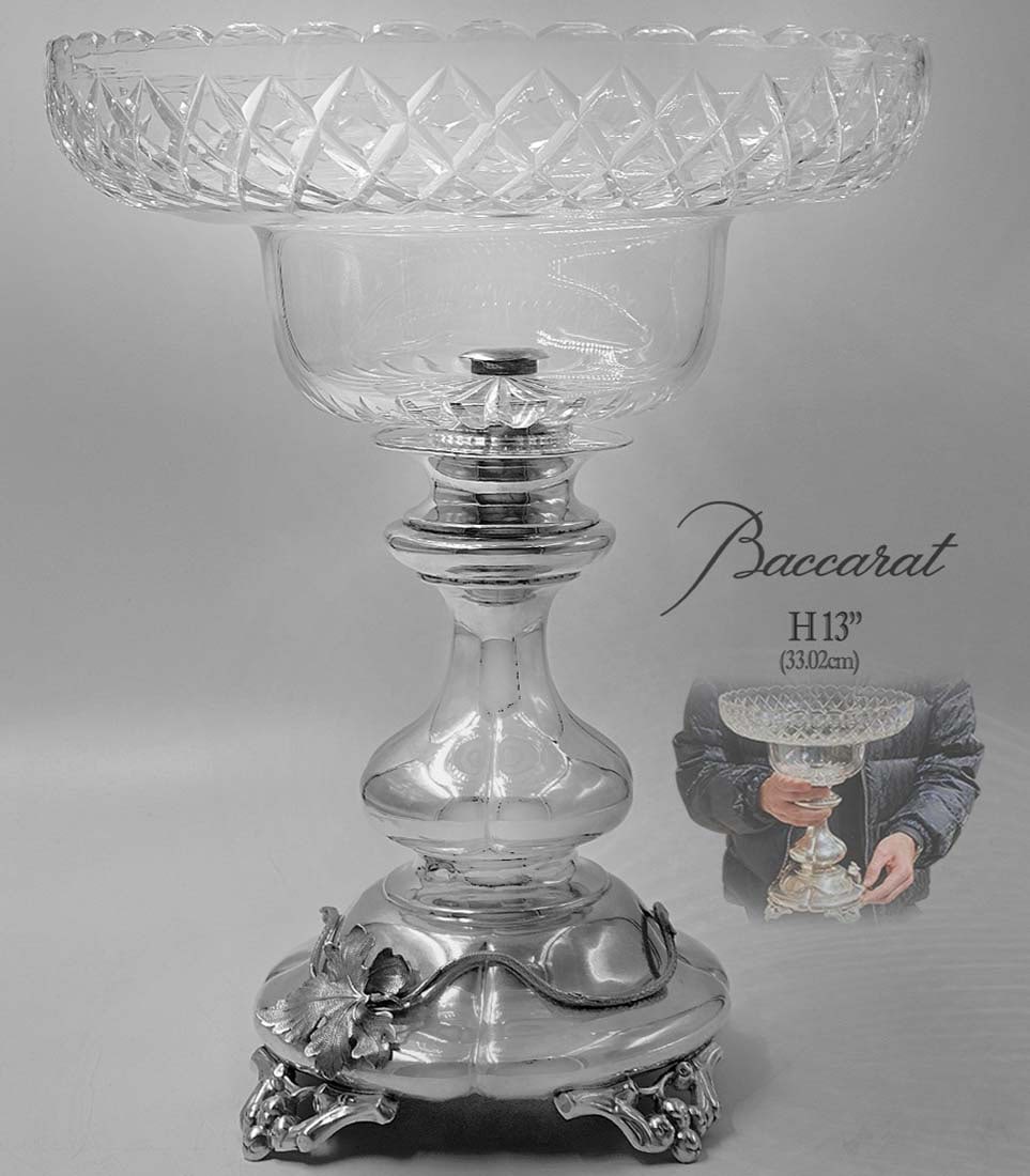 19th C. Silver (652g) With Baccarat Crystal Centerpiece: 19th C. Silver (652g) With Baccarat Crystal Centerpiece. H 13" x W 11"