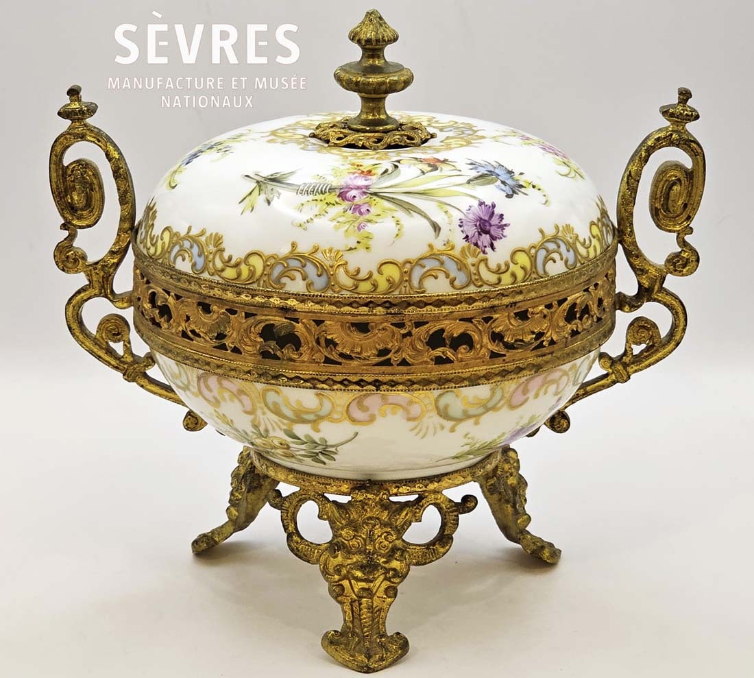 19th C. Sevres French Porcelain & Bronze Centerpiece: 19th C. Sevres French Porcelain & Bronze Centerpiece. H 7 1/2" x W 6" x L 8"