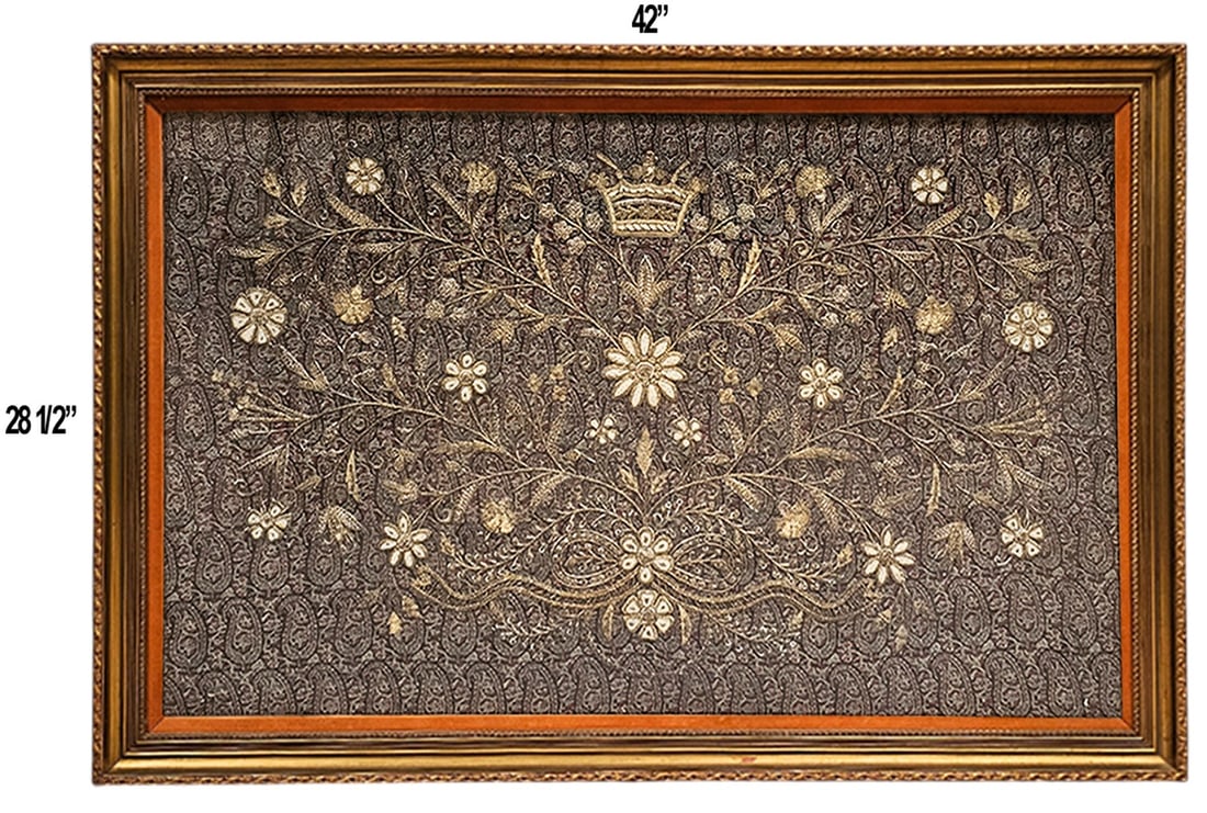 19th C. Persian, Qajar Silver Embroidery "Sermeh Doozi" On 'Termeh' Fabric (1 of 8)