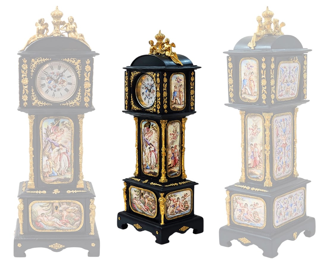 19th Century Viennese Enamel Bronze Mounted Desk Clock: 19th Century Viennese Enamel Bronze Mounted Desk Clock. Clock has 2 drawer / compartments as it shows in the detailed pictures. H 14 7/8" x W 4 1/8" x L 5"