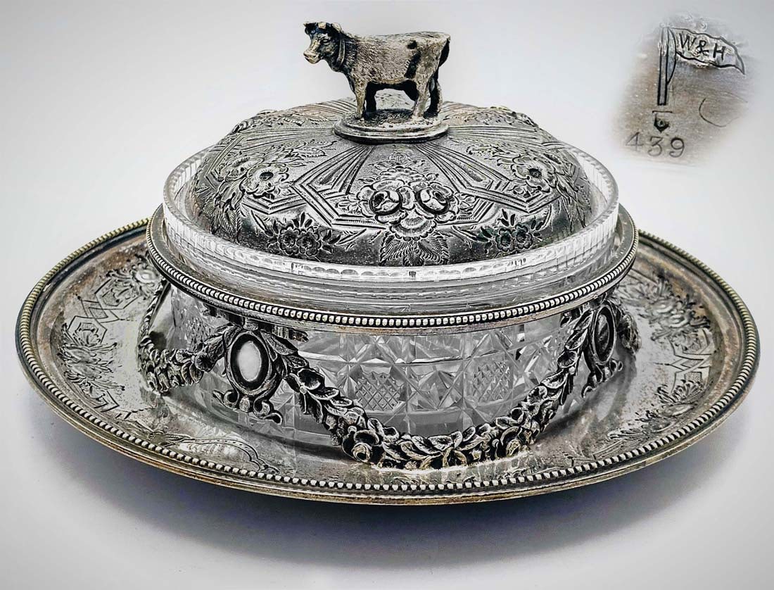 19th C. Lidded Cow Figural Walker & Hall Candy Dish With Cut Crystal: 19th C. Lidded Cow Figural Walker & Hall Candy Dish With Cut Crystal. H 4" x W 7 1/2"