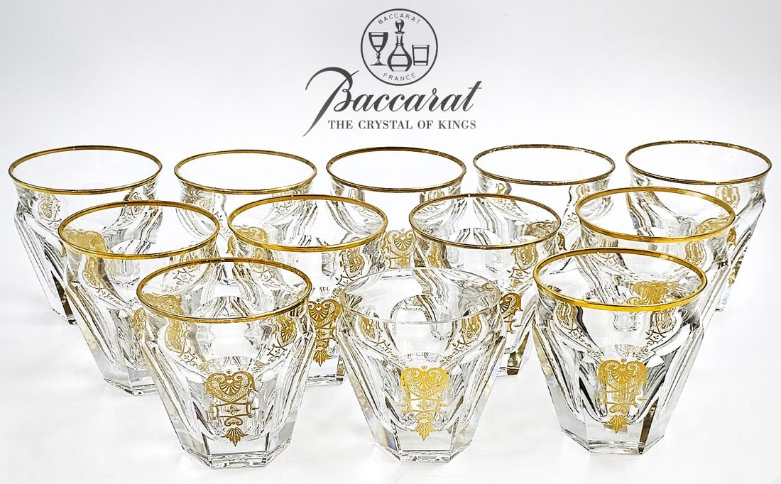 Set Of Twelve 20th C. French Baccarat Harcourt Empire Glasses: Set Of Twelve 20th C. French Baccarat Harcourt Empire Glasses. H 2 15/16" x W 2 7/8" \ Smaller glass: H 2 7/8" x W 2 1/2"