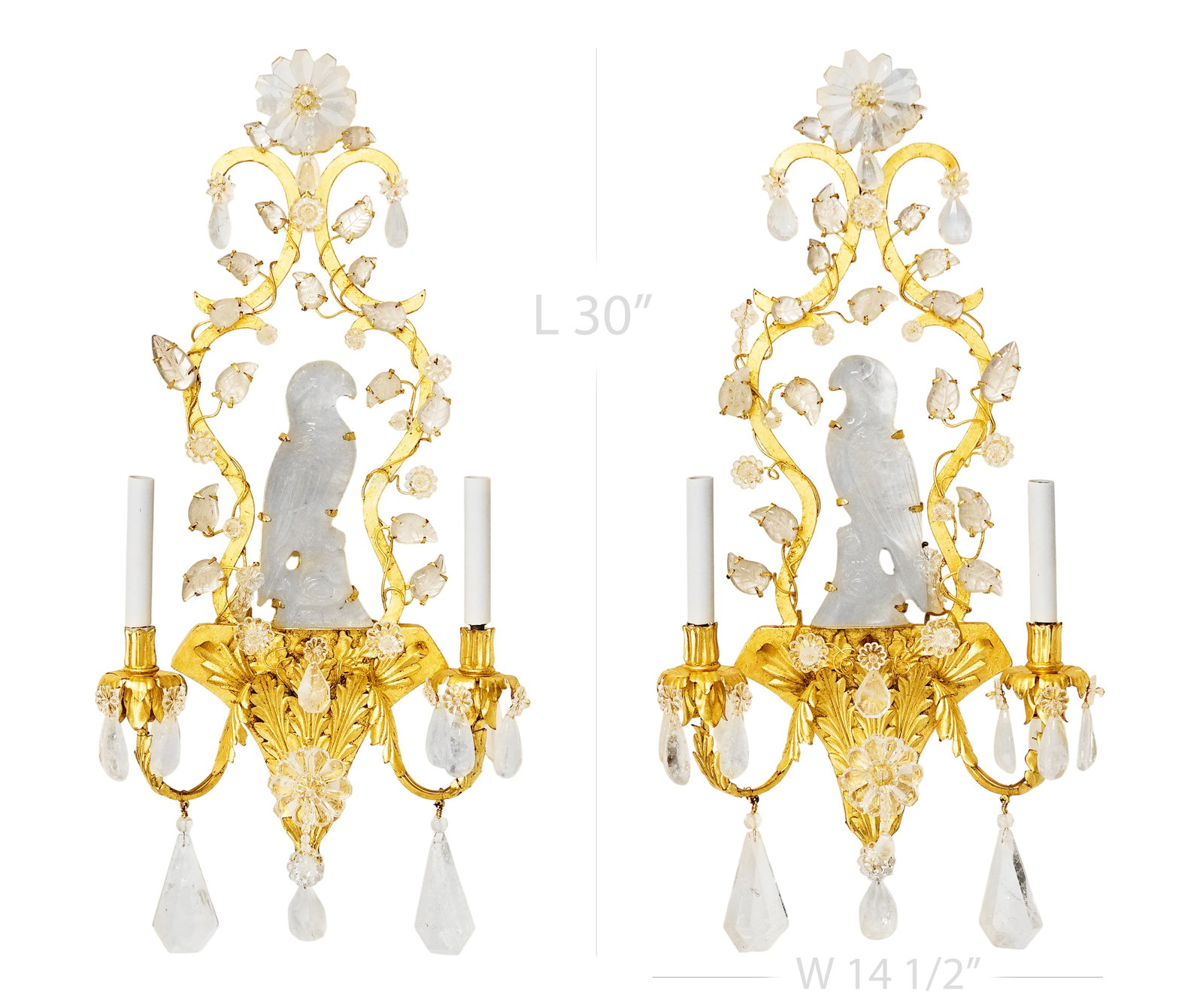 Pair Of Large Maison Bagues Style Rock Crystal Two-Arm Gilt Sconces: Pair Of Large Maison Bagues Style Rock Crystal Two-Arm Gilt Sconces. H 7" x W 14 1/2" x L 30
