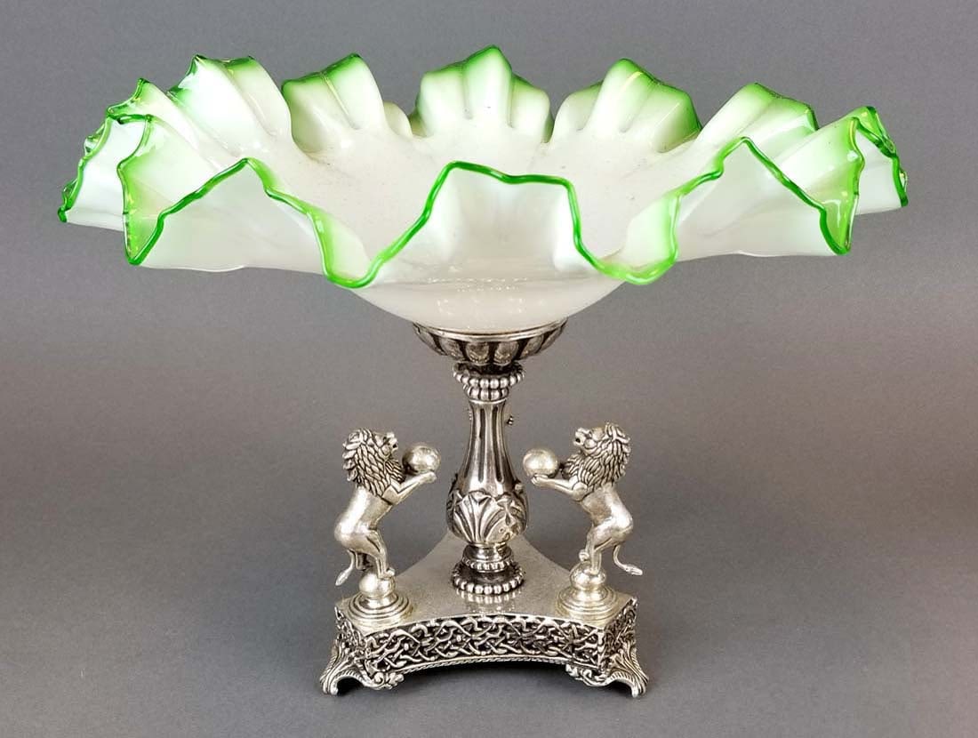 Green Opaline Glass and Silverplated Centerpiece: Green Opaline Glass and Silverplated Centerpiece. Measures H: 10" W: 13"