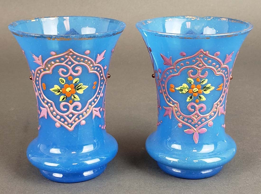 Pair of French Opaline Glass Vases: Pair of French Opaline Glass Vases. They measure H: 5" W: 4 1/2"