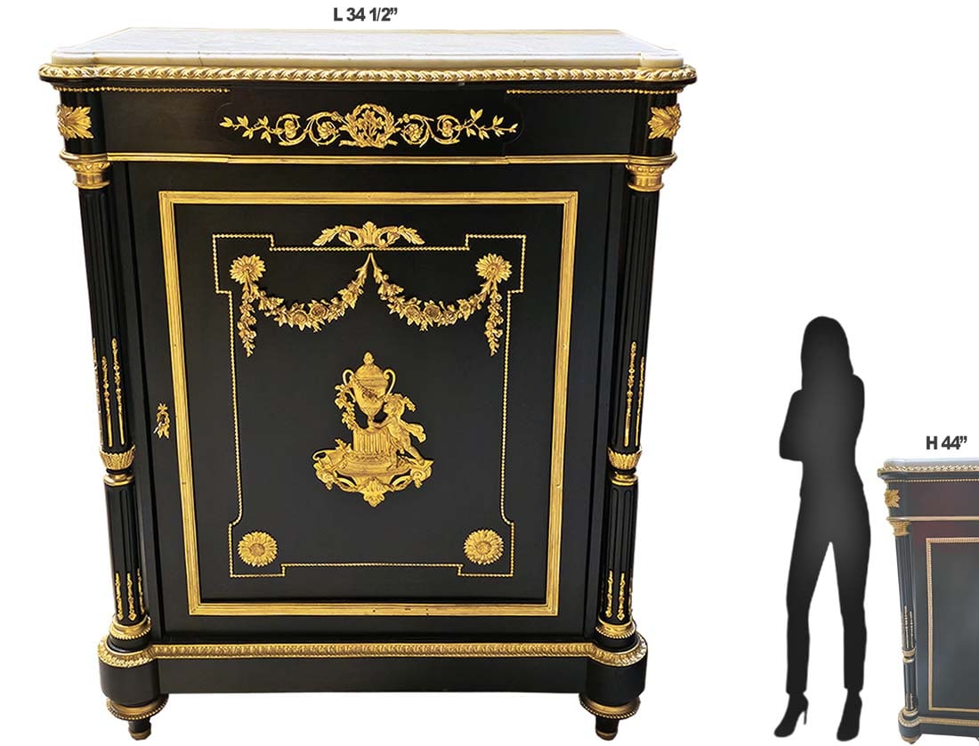 19th C. Ebony Cabinet Bronze Mounted With Marble Top: 19th C. Ebony Cabinet Bronze Mounted With Marble Top. H 44" x W 17" x L 34 1/2"