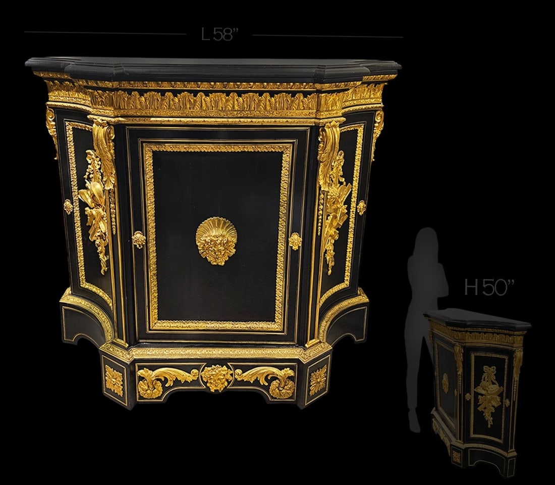 19th C. French Ebony Napoleon III Bronze Mounted Henry Dasson Cabinet: 19th C. French Ebony Napoleon III Bronze Mounted Henry Dasson Cabinet. H 50" x W 19 1/2" x L 58"