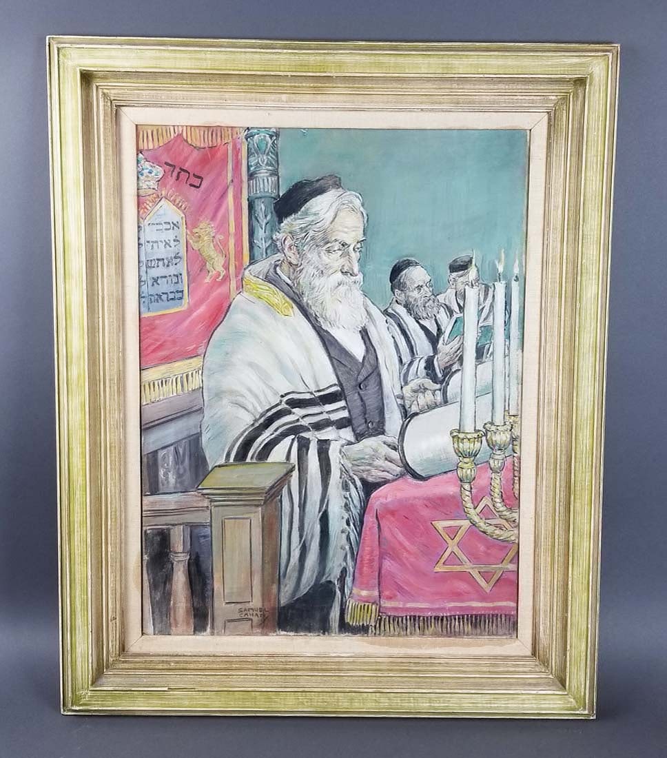 Framed Oil on Canvas "Rabbi in Synagogue Reading the: Framed Oil on Canvas "Rabbi in Synagogue Reading the Torah", Signed Samuel Cahan. The frame measures 31" x 25" and the painting measures 23 3/4" x 17 1/2"