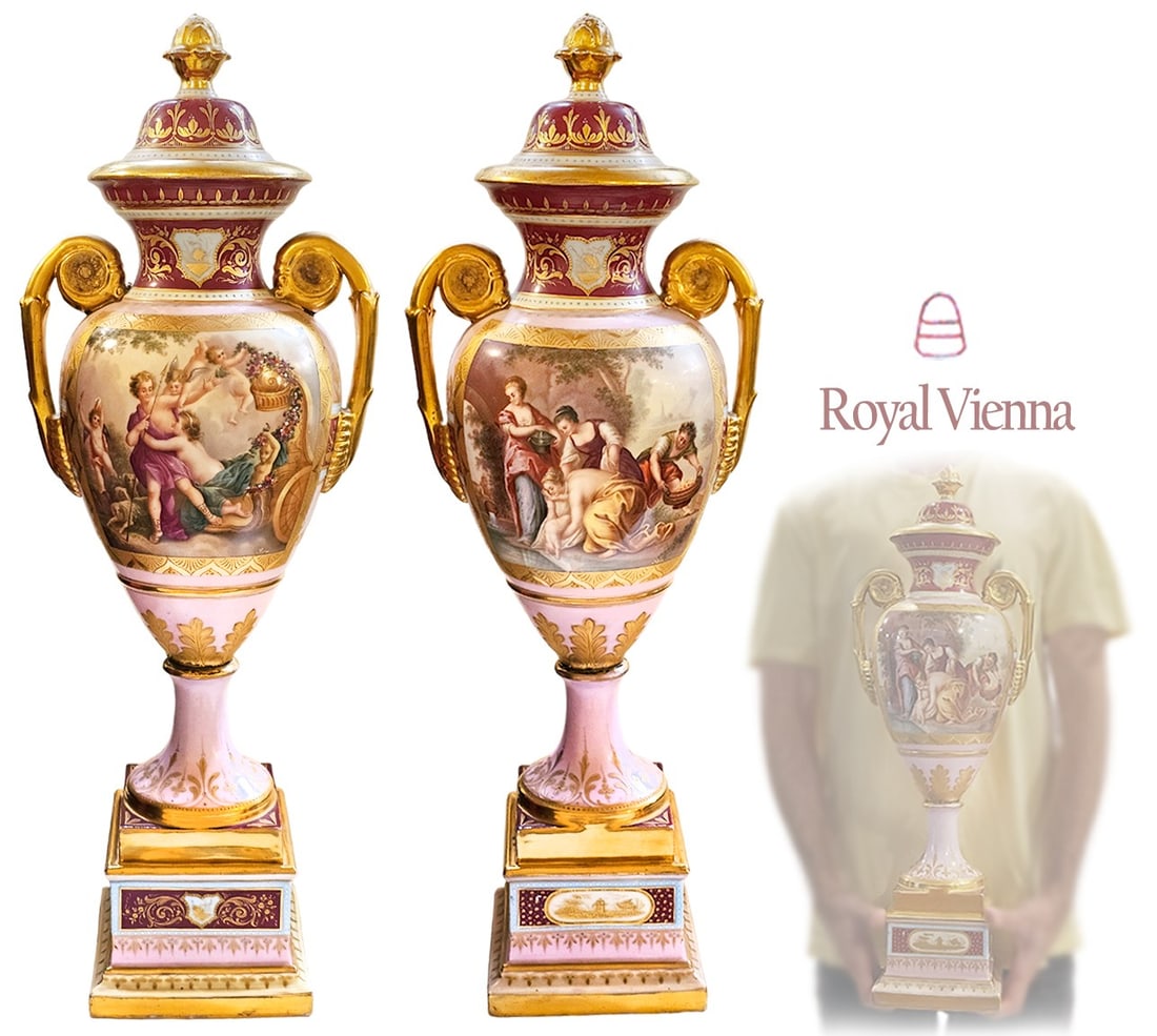 Pair Of 19th C. Hand Painted Royal Vienna Vases / Urns Signed: Pair Of 19th C. Hand Painted Royal Vienna Vases / Urns Signed. H 24 1/2" x W 7" x L 9"