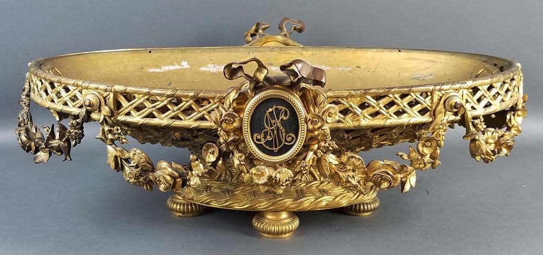 19th C. French Louis XVI Style Gilt Bronze Monogrammed: 19th C. French Louis XVI Style Gilt Bronze Monogrammed Centerpiece. Measures H: 8 1/2" W: 23"