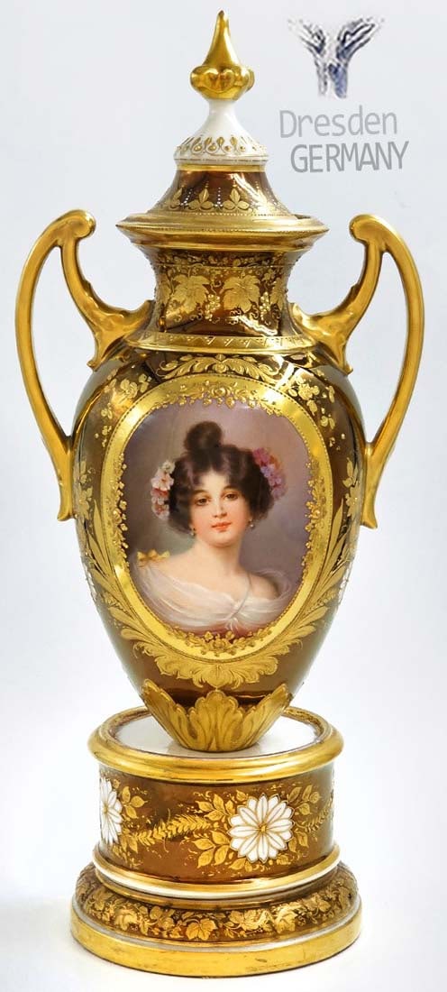 19th C. Dresden Porcelain Lidded Vase / Centerpiece, Signed: 19th C. Dresden Porcelain Lidded Vase / Centerpiece, Signed. H 15" x W 4 7/8" x L 6 1/2"