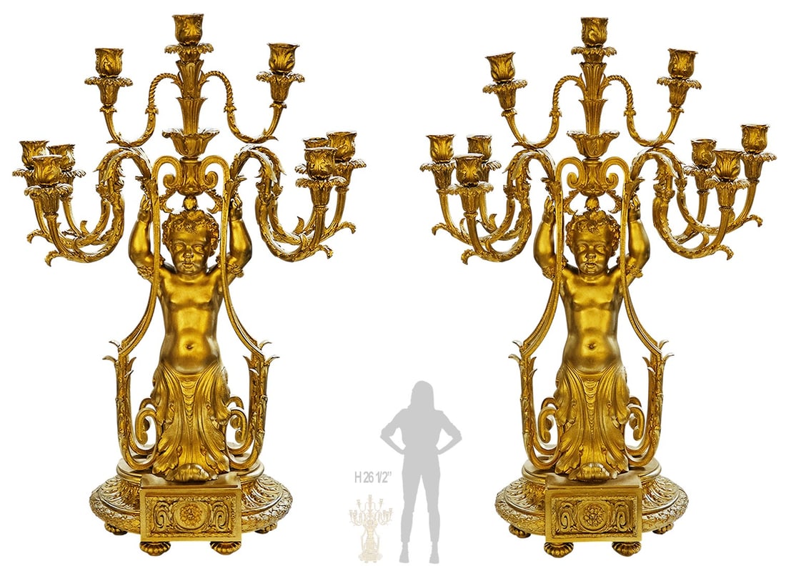 Pair Of Large Figural 19th Century French Gilt Bronze Napoleon III Style Candelabras: Pair Of Large Figural 19th Century French Gilt Bronze Napoleon III Style Candelabras. H 26 1/2" x W 7" x L 18"