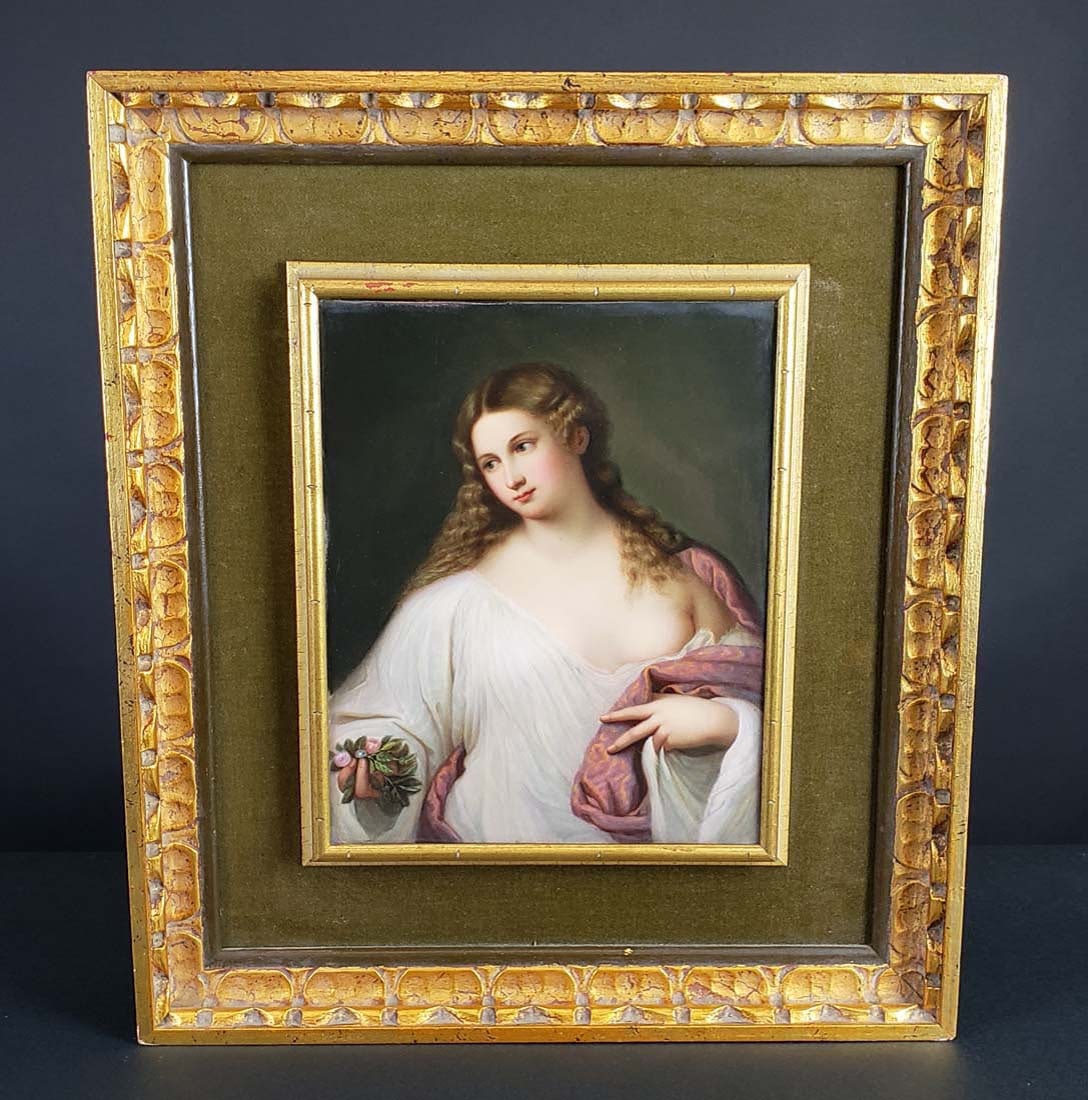 KPM Plaque of Flora After Titan, Circa 1900: KPM Plaque of Flora After Titan, Circa 1900. The frame measures 18 1/2" x 16" and the plaque measures 10 3/4" x 8 1/2"