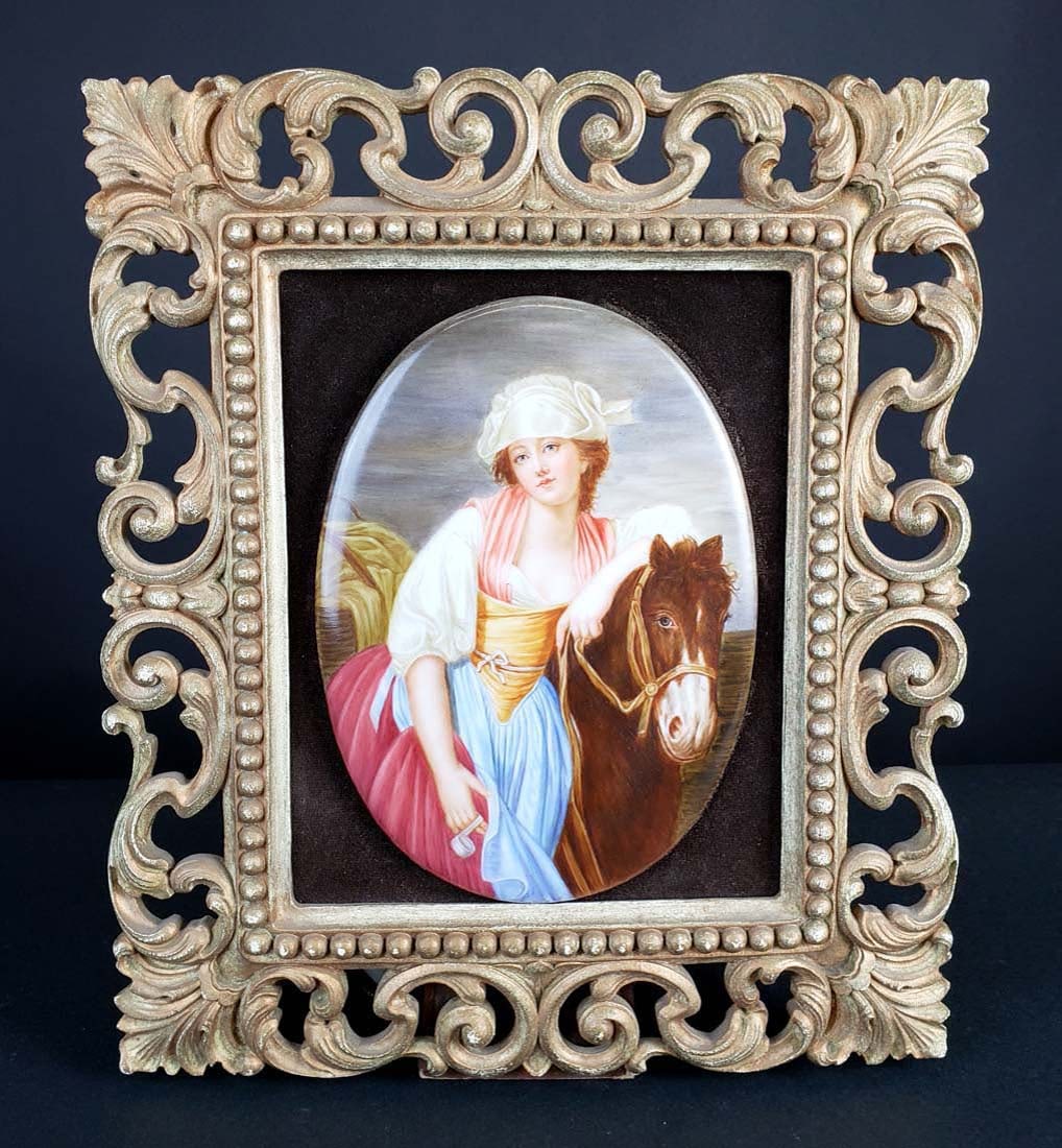 KPM Plaque of Lady with Horse, Circa 1900: KPM Plaque of Lady with Horse, Circa 1900. The frame measures 14 1/2" x 13" and the plaque measures 9 1/2" x 6 1/2"