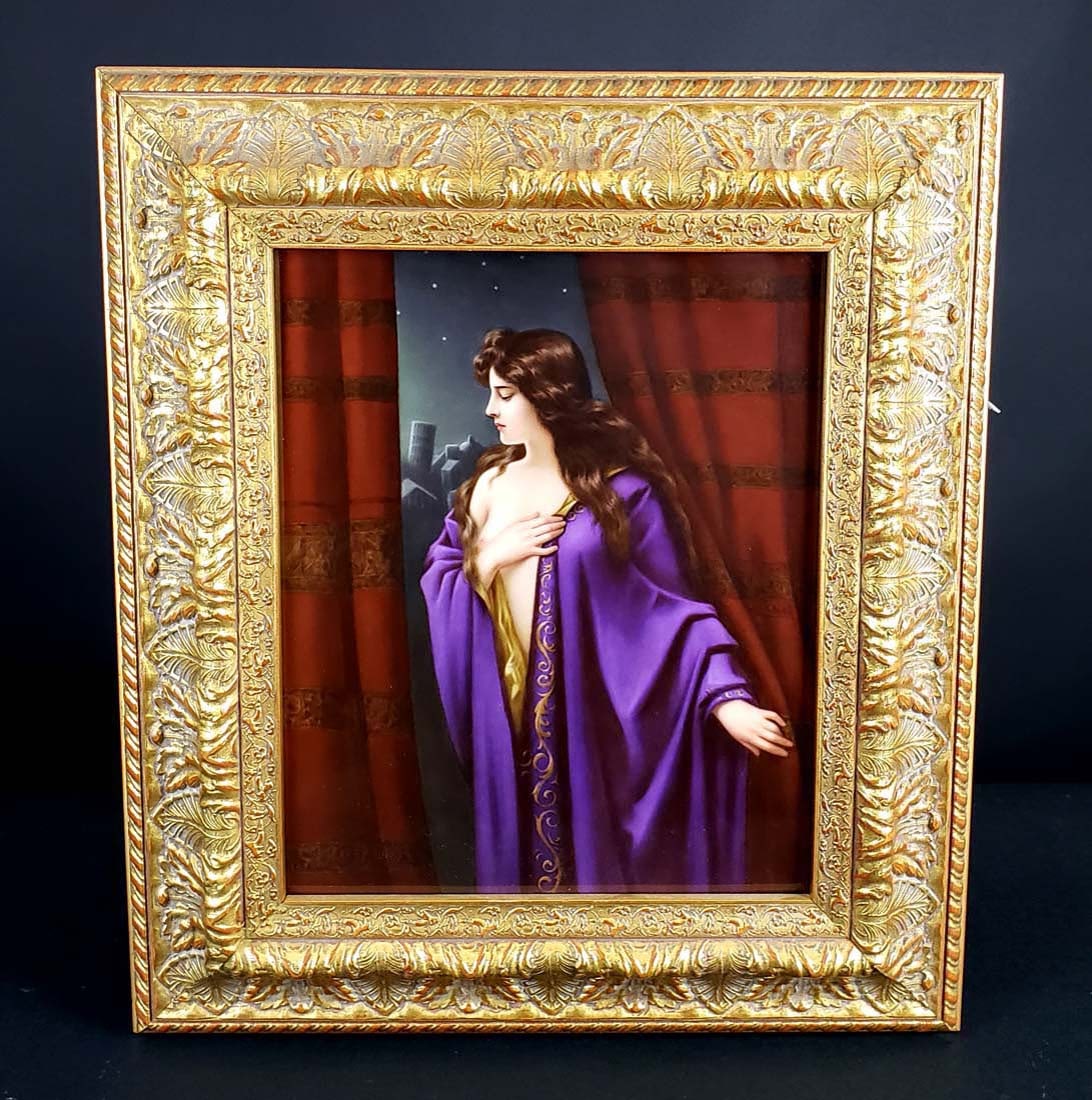 KPM Plaque of Young Woman in Purple, Circa 1890: KPM Plaque of Young Woman in Purple, Circa 1890. KPM Mark and Numerals 315 & 255. KPM Plaque of Young Woman in Purple, Circa 1890. KPM Mark and Numerals 315 & 255. The frame measures 18 1/2" x 16"