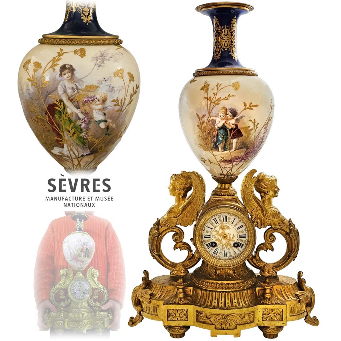 19th C. Figural Bronze Sevres Clock, Signed