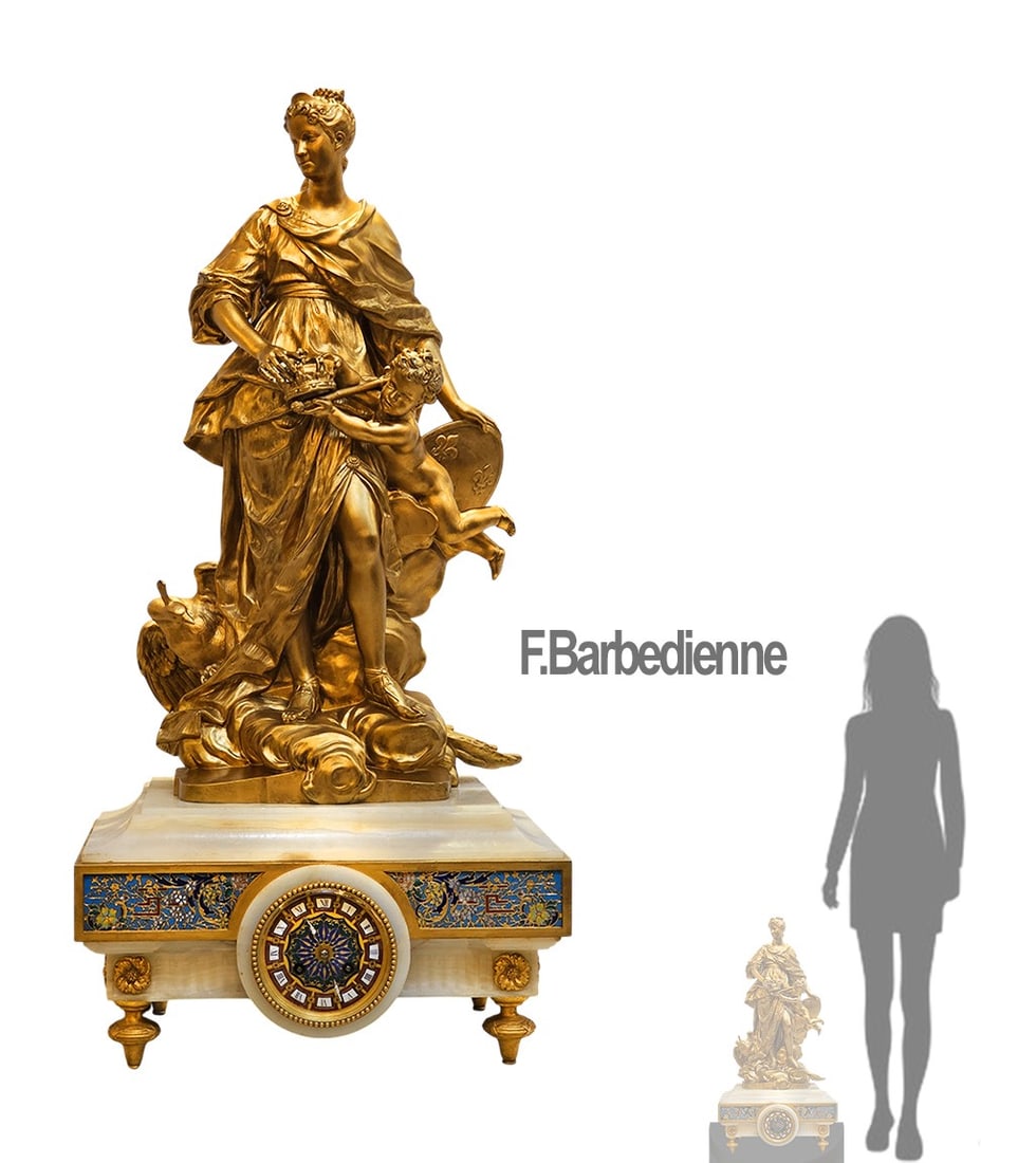 19th C. French Enamel Champleve Onyx With Bronze Sculpture Mounted Clock, Signed: 19th C. French Enamel Champleve Onyx With Bronze Sculpture Mounted Clock, Signed. H 35" x W 12 1/2" x L 17"
