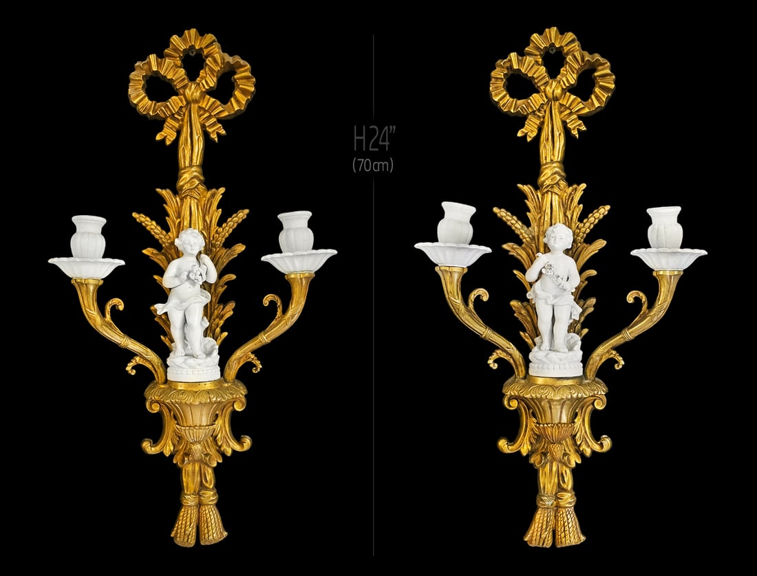 Pair Of French Bisque Porcelain Mounted Twin Branch Sconces: Pair Of French Bisque Porcelain Mounted Twin Branch Sconces. H 24" x W 11 1/2"