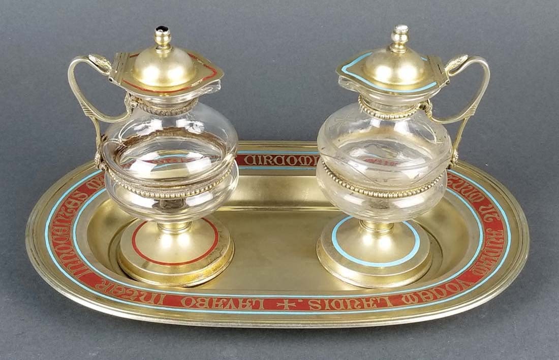 19th C. French Silver Cruet Set w/ Fitted Case: 19th C. French Silver Cruet Set w/ Fitted Case. The tray measures 9 3/4" x 6" and the cups measures H: 5 3/4"